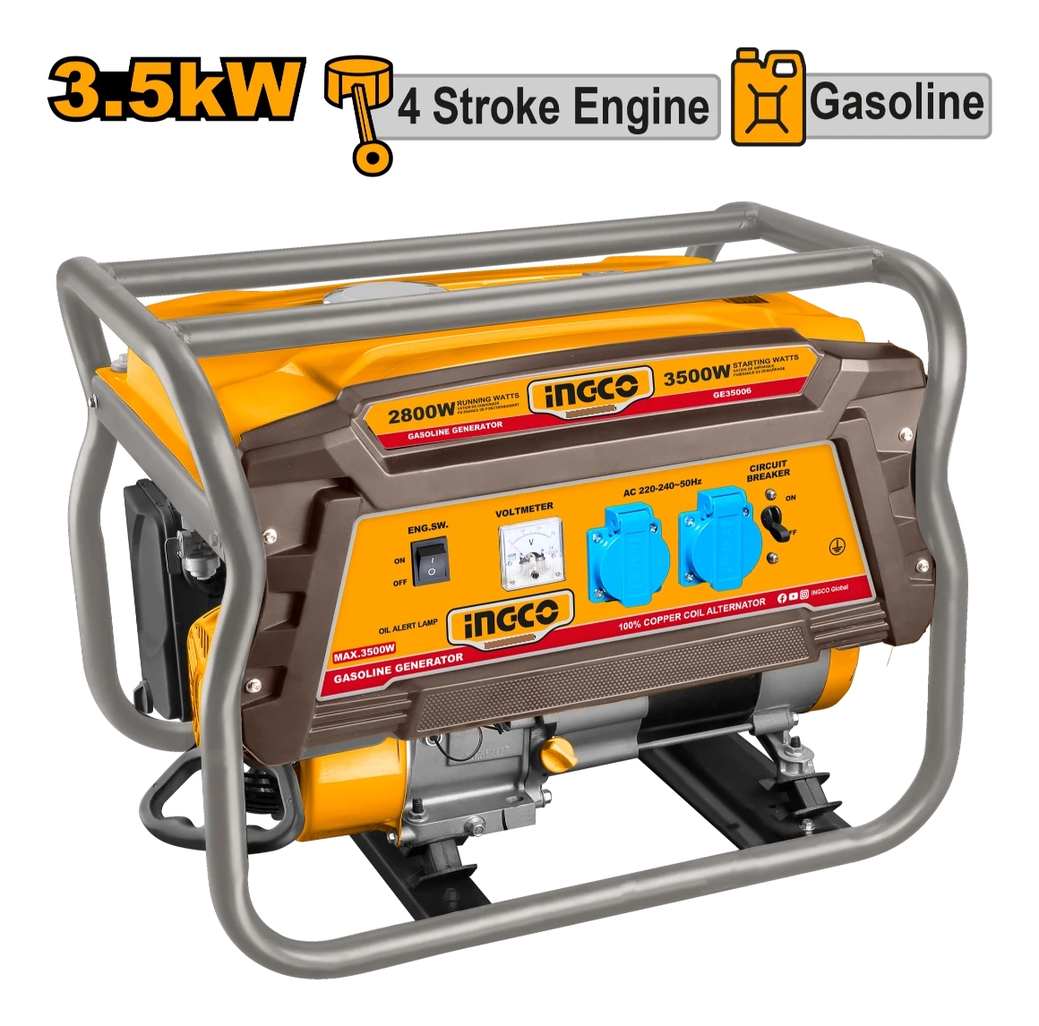 Generador Industrial Ingco 4 Tiempos 3500w 208cc Ge35006 - Imagen 2