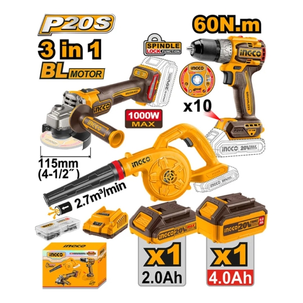 Kit Amoladora Taladro Sopladora Ingco 20v Sin Carbones - Imagen 2