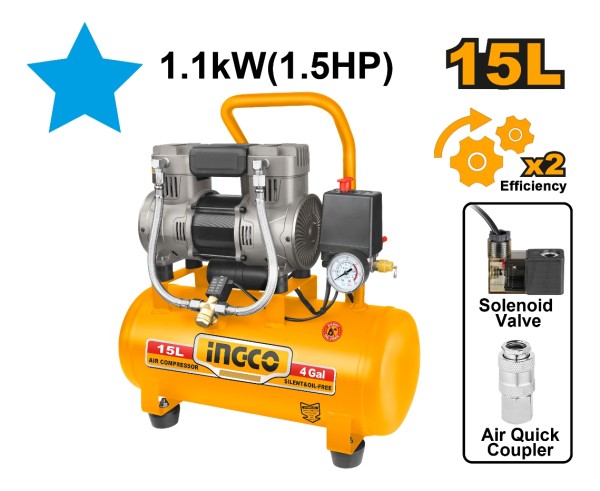 Compresor 15lt 1.5hp Libre Aceite Bajo Ruido Ingco Acs111152 - Imagen 2