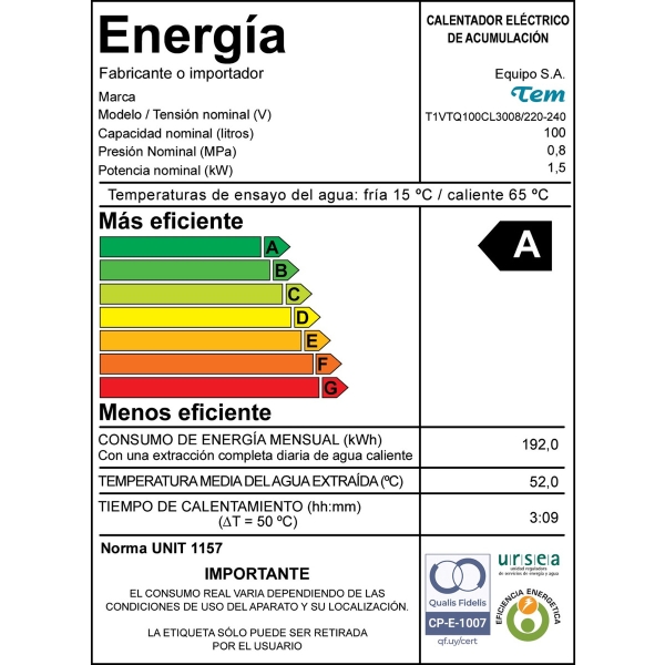 Termotanque De Acero Tem 100 L Eficiencia A Z3008 - Imagen 2
