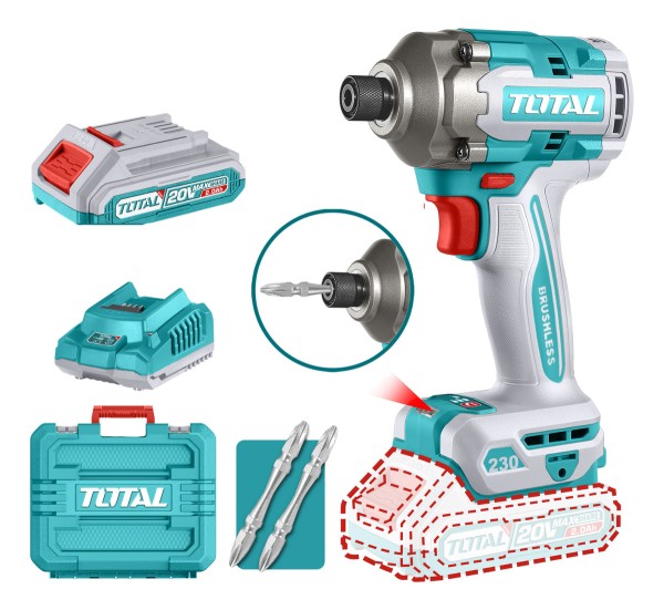 Atornillador Impacto 20v + 2 Bat + Puntas + Cargador Total
