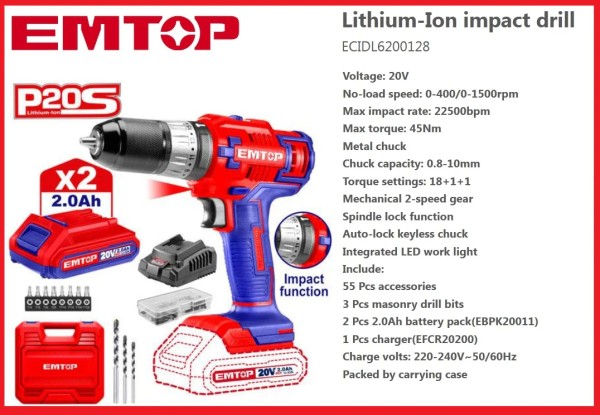 Taladro Atornillador Percutor 20v 45nm Mandril Metal Emtop - Imagen 3