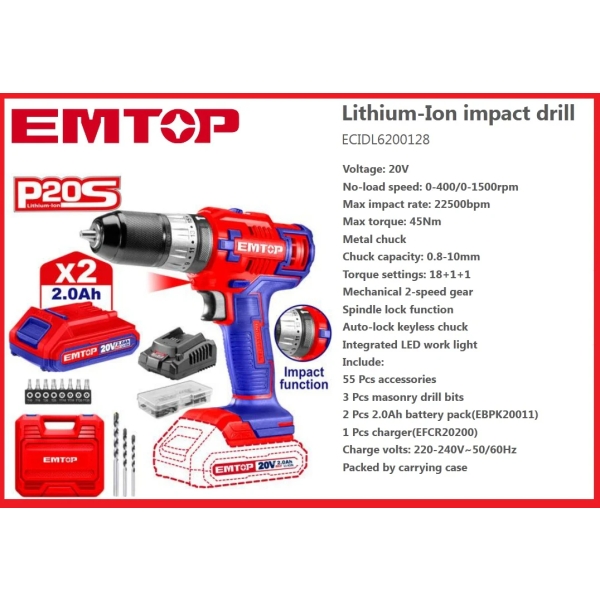 Taladro Atornillador Percutor 20v 45nm Mandril Metal Emtop - Imagen 3