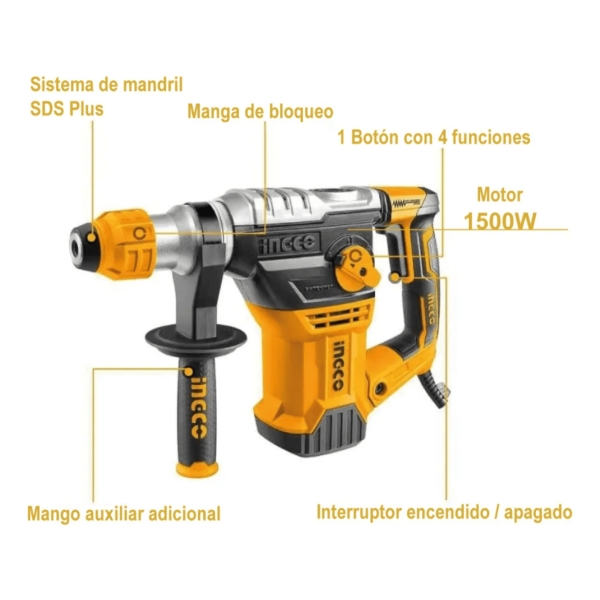 Rotomartillo Industrial 1500w 5,5j Sds Plus Ingco - 4 Fun - Imagen 4
