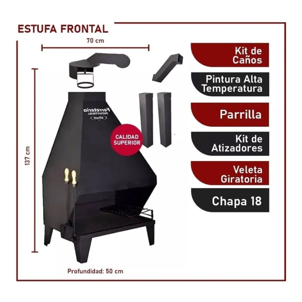 Estufa Frontal Leña Chapa 18 70x137cm Kit De Caños Incluido