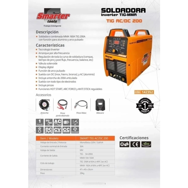 Soldadora Inverter Tig Aluminio / Inox Smarter Ac/dc 200a - Imagen 2