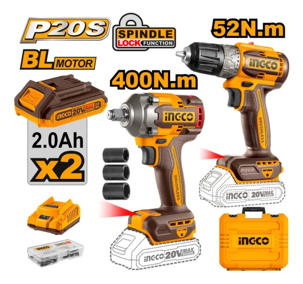 Kit Atornillador 20v + Llave Impacto 2 Batería 20v Ingco - Imagen 2