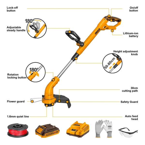Bordeadora Bat 20v Extensible Ingco + Bateria Y Cargador - Imagen 4