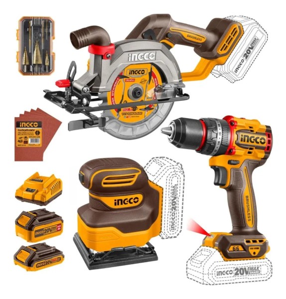 Combo A Batería 20v Sierra + Taladro + Lijadora Ingco