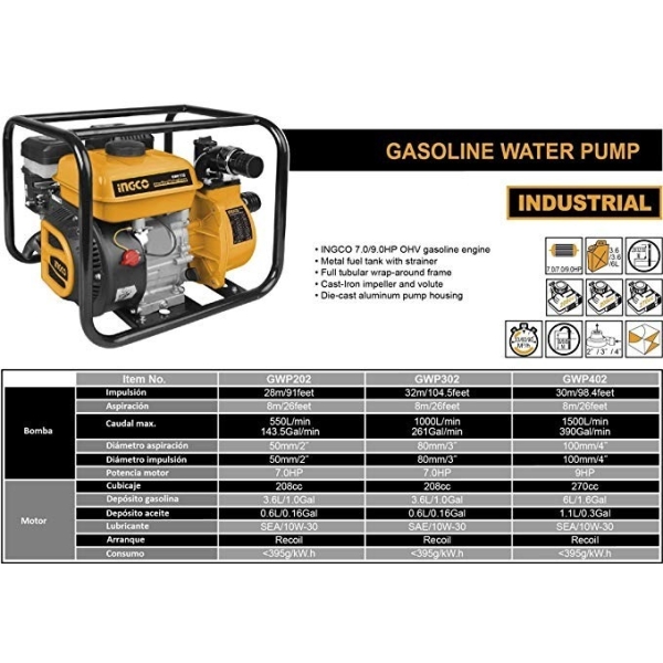 Motobomba Nafta 7.0 Hp Ingco 550l/min Gwp202 Succión 50mm - Imagen 2