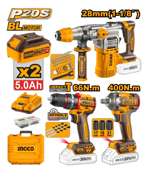 Kit Rotomartillo + Llave De Impacto + Taladro 20v Ingco - Imagen 2