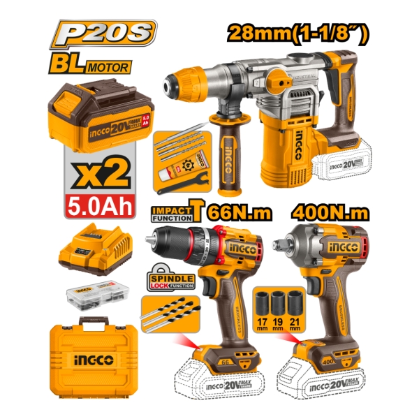 Kit Rotomartillo + Llave De Impacto + Taladro 20v Ingco - Imagen 2
