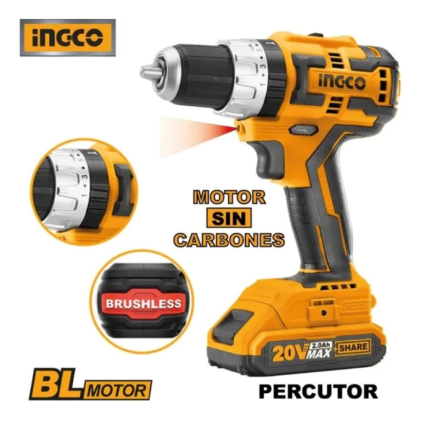 Taladro Atornillador 20v Sin Carbones Percutor 13mm Ingco Ci - Imagen 3