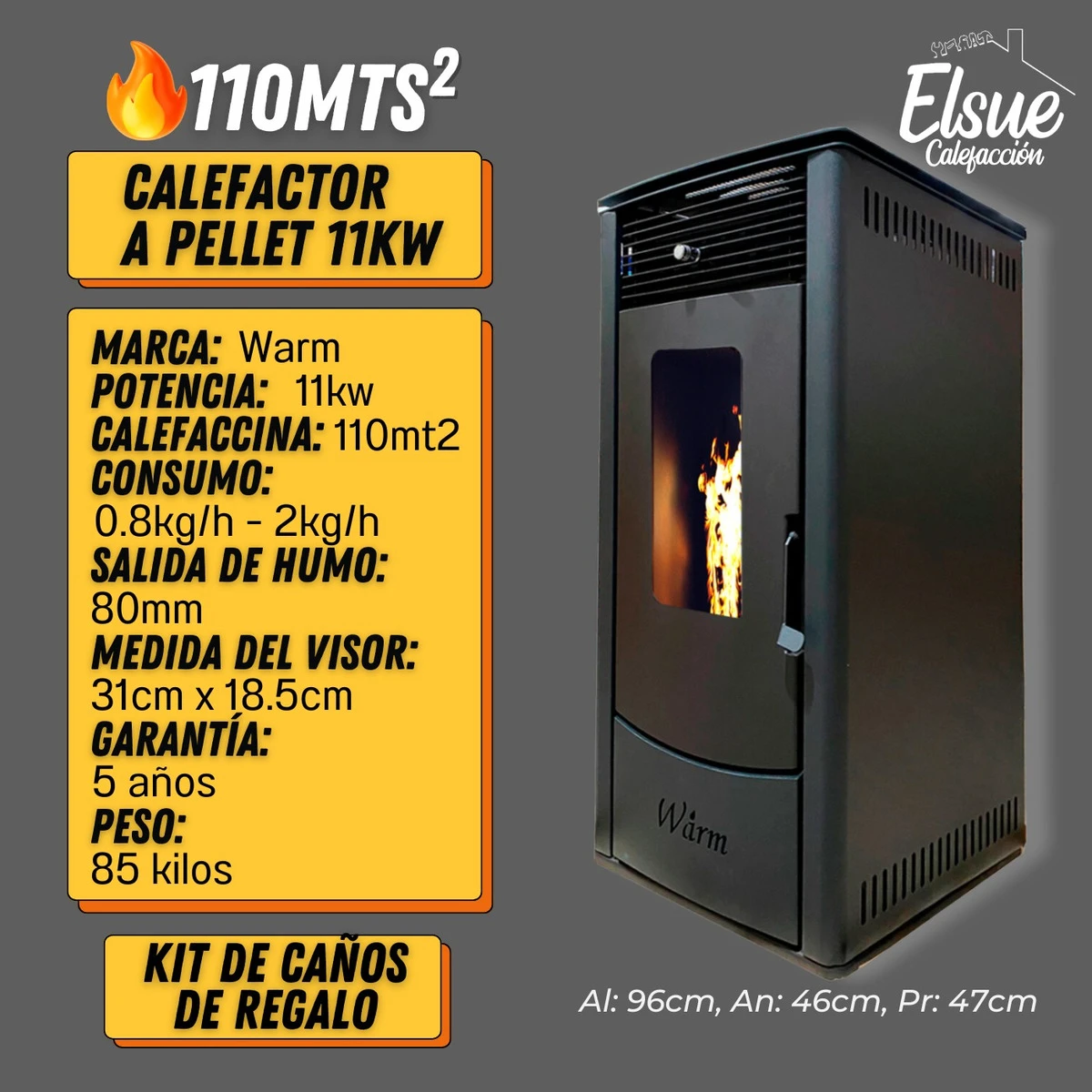 Calefactor Estufa Pellet Warm 11kw 110m2 C/kit Y Regalo - Imagen 3