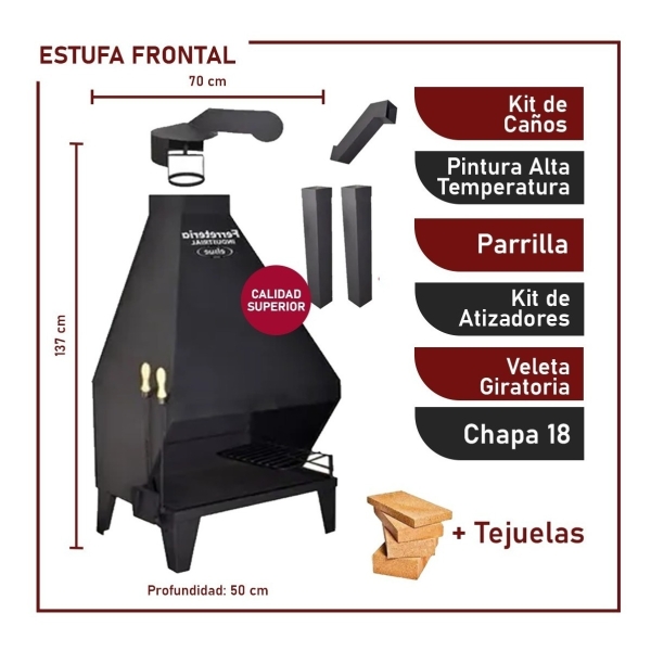 Estufa Frontal Leña Chapa 18 70x137 + Kit Caños 30 Tejuelas - Imagen 2