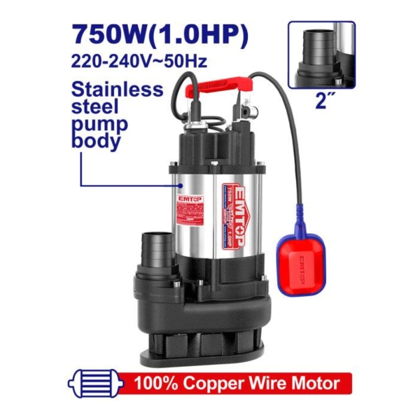 Bomba Sumergible 750w 1hp Pozo Negro Metalica Emtop - Imagen 2