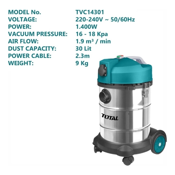 Aspiradora Industrial 1400w Total 30l Seco Humedo Acero Inox - Imagen 4