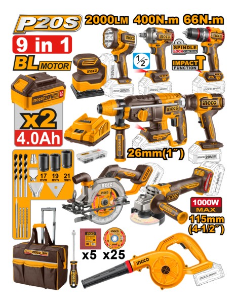 Super Combo 9 Herramientas Inalámbricas Ingco 20v + Maleta - Imagen 2