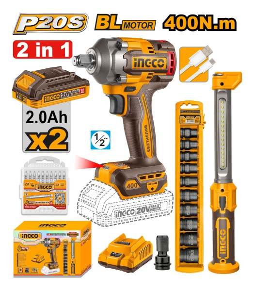 Kit Llave Impacto 20v + Linterna Rec + Dad Cosli23011 Ingco - Imagen 2