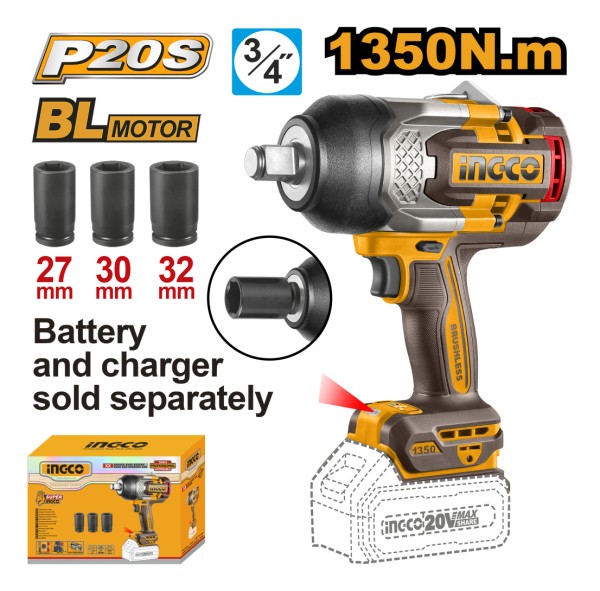 Llave De Impacto 20v 1350nm 3/4 C/dados Ingco Industrial - Imagen 2