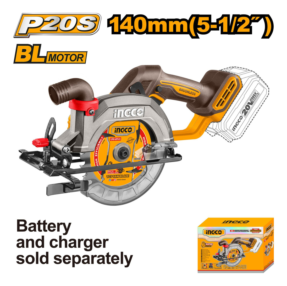 Sierra Circular 20v 140mm Brushless Ingco Csli1402 Sin Bat. - Imagen 2