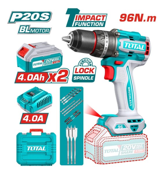 Taladro Atornillador Percutor 20v Total 96nm Brushless C/bat - Imagen 3