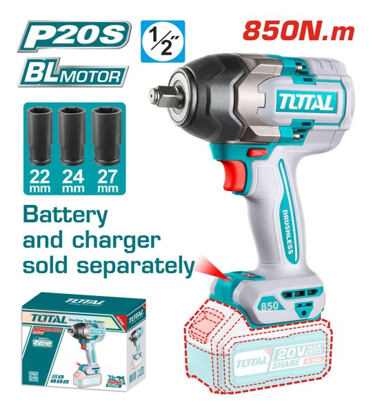 Llave Impacto Total 20v 1/2'' 850nm Sin Carbones Sin Batería - Imagen 2