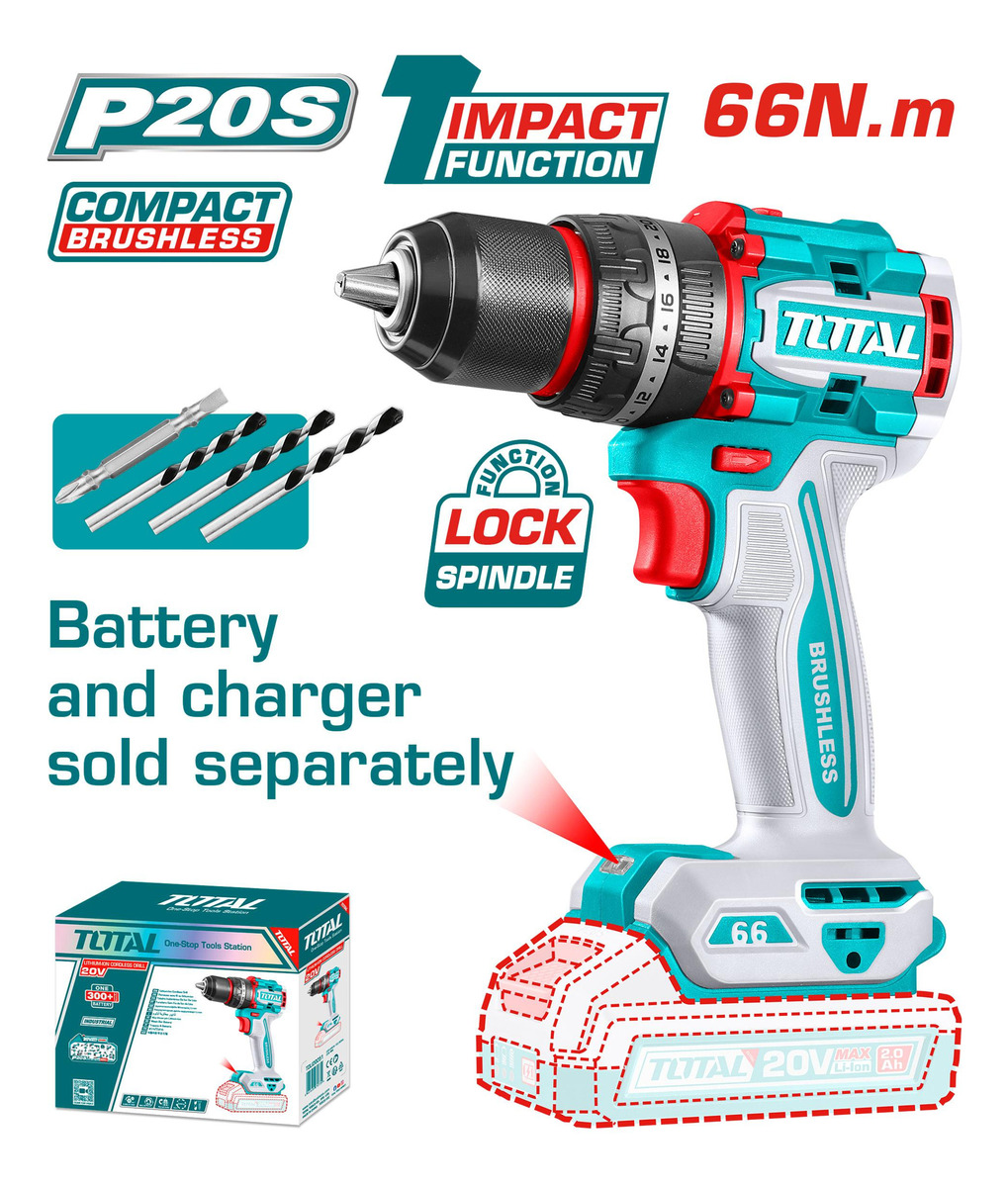 Taladro Percutor Atornillador Total 20v S/carbones 66 Nm Sin - Imagen 2