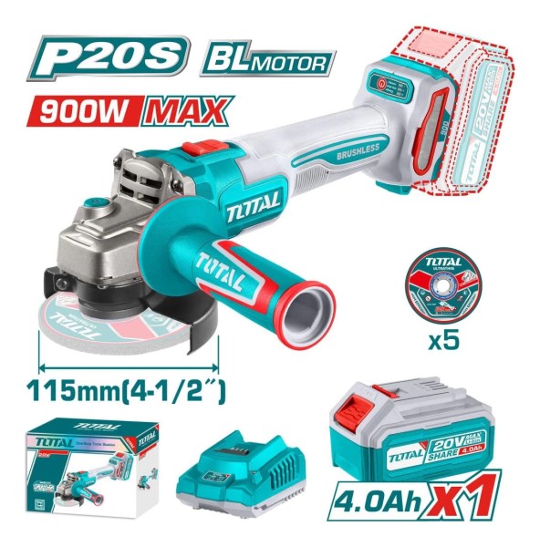 Amoladora Inalambrica Total 20v 900w Sin Carbones + Bateria - Imagen 2