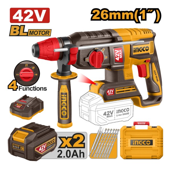 Rotomartillo Bateria 42v Brushless Sds Plus 2.5 Valija Ingco - Imagen 4