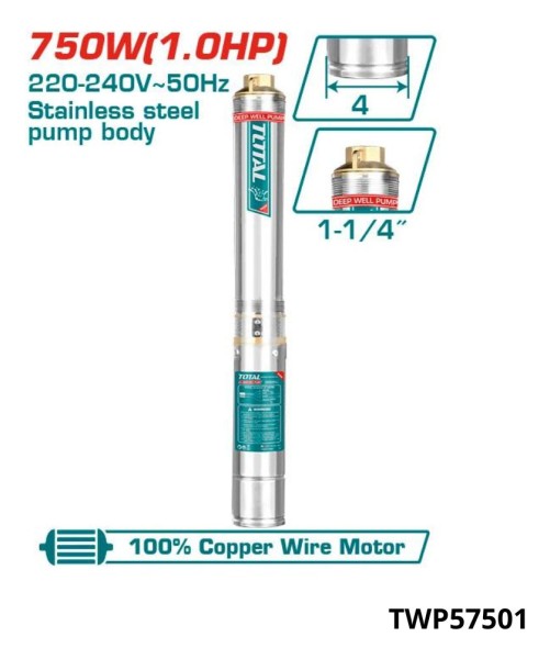Bomba De Pozo Sumergible Eléctrica Inox 1hp Total Twp57501 - Imagen 3