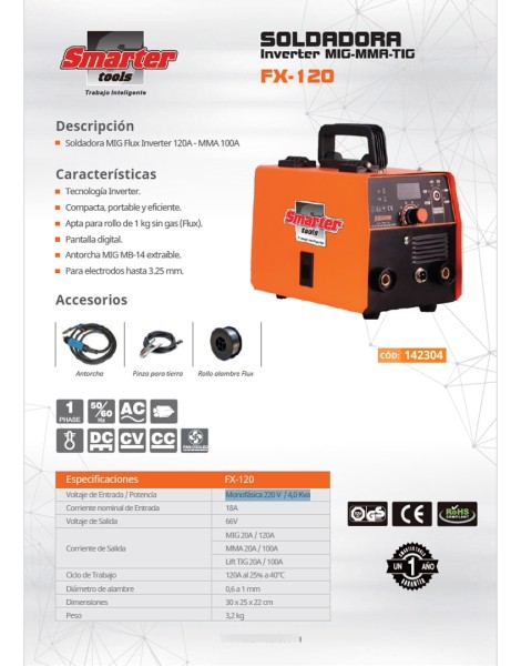 Soldadora Inverter Smarter Mig Flux Y Electrodo 100amp Fx120 - Imagen 3