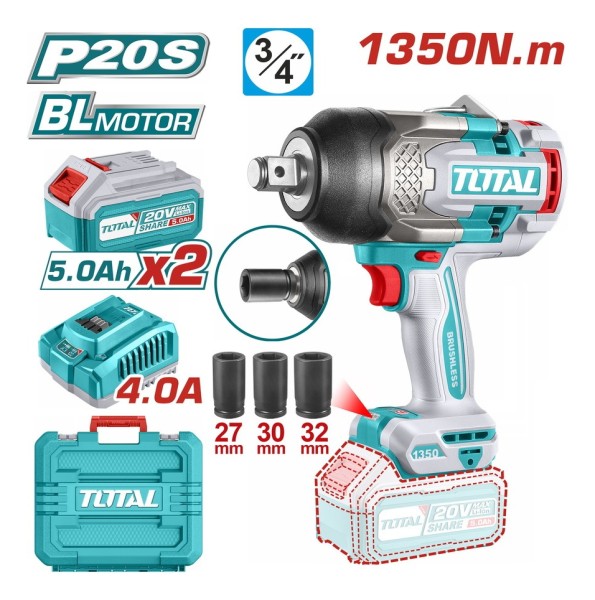 Llave De Impacto 3/4 Total 1350nm Maletín 2 Baterias 3 Dados - Imagen 2