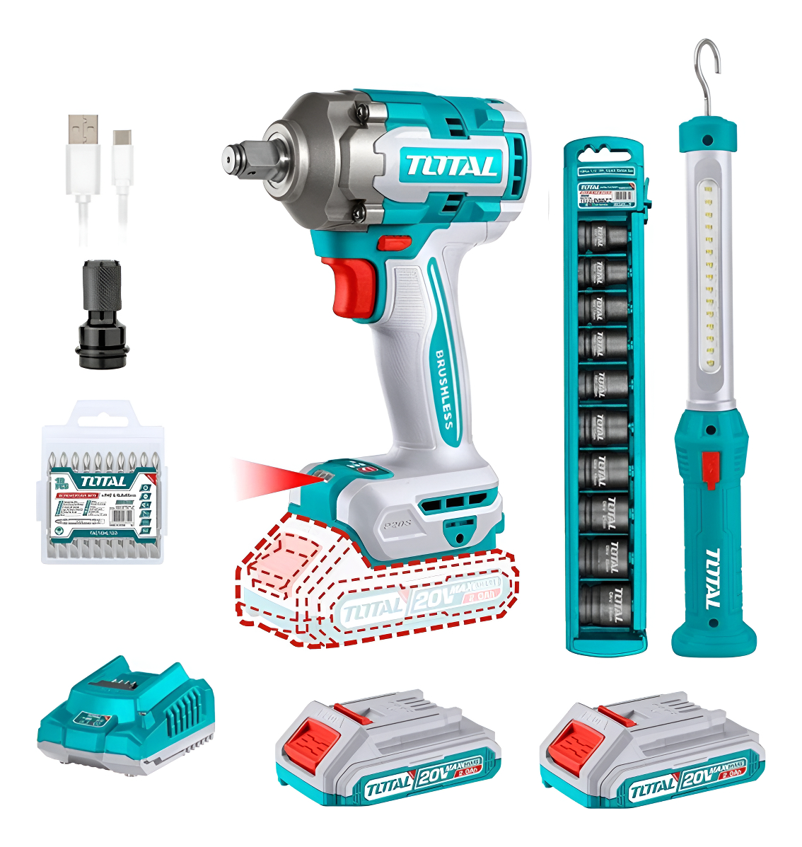 Kit Llave De Impacto 400nm 1/2 Linterna 2bat Total Brushless