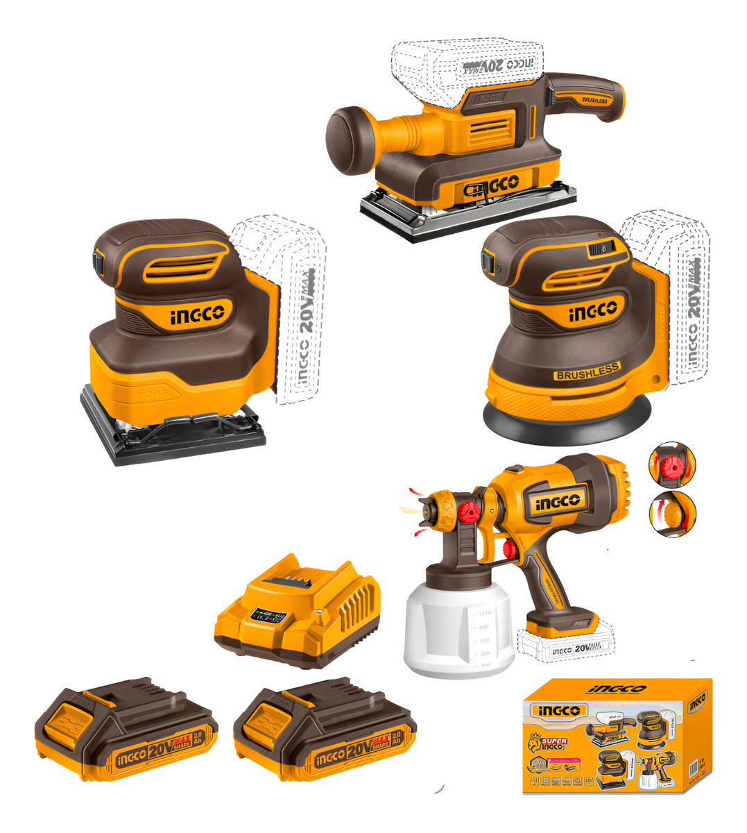 Kit Set Combo A Batería 20v Lijadoras Pistola Pintura Ingco