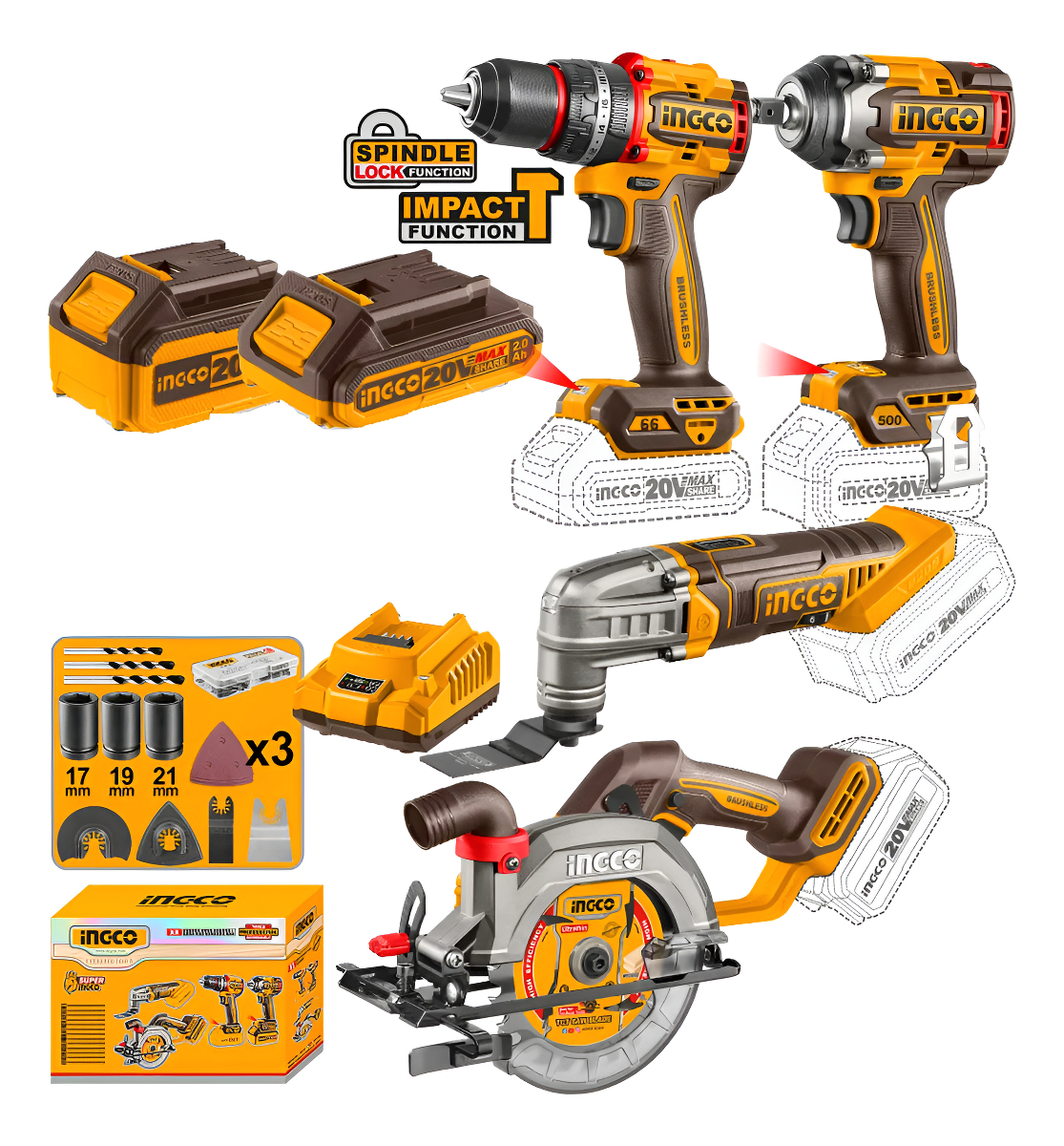 Kit Combo Ingco Taladro + Llave Impacto + Sierra +accesorios