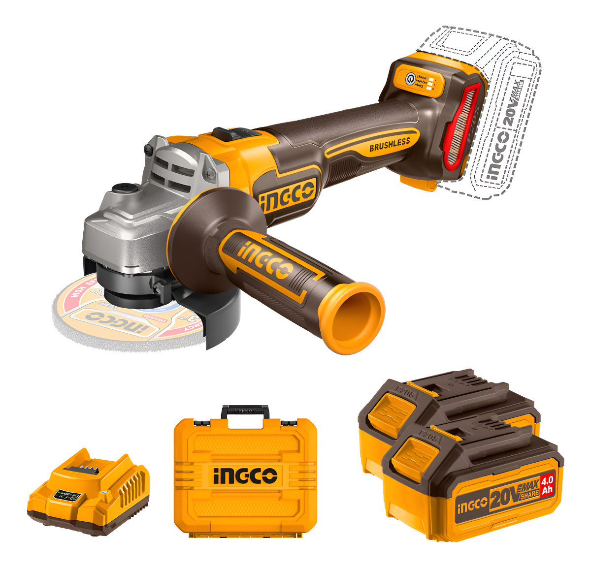 Amoladora Ingco + 2 Baterías 4ah + Cargador Y 10 Discos Color Naranja Claro Frecuencia 50hz-60hz