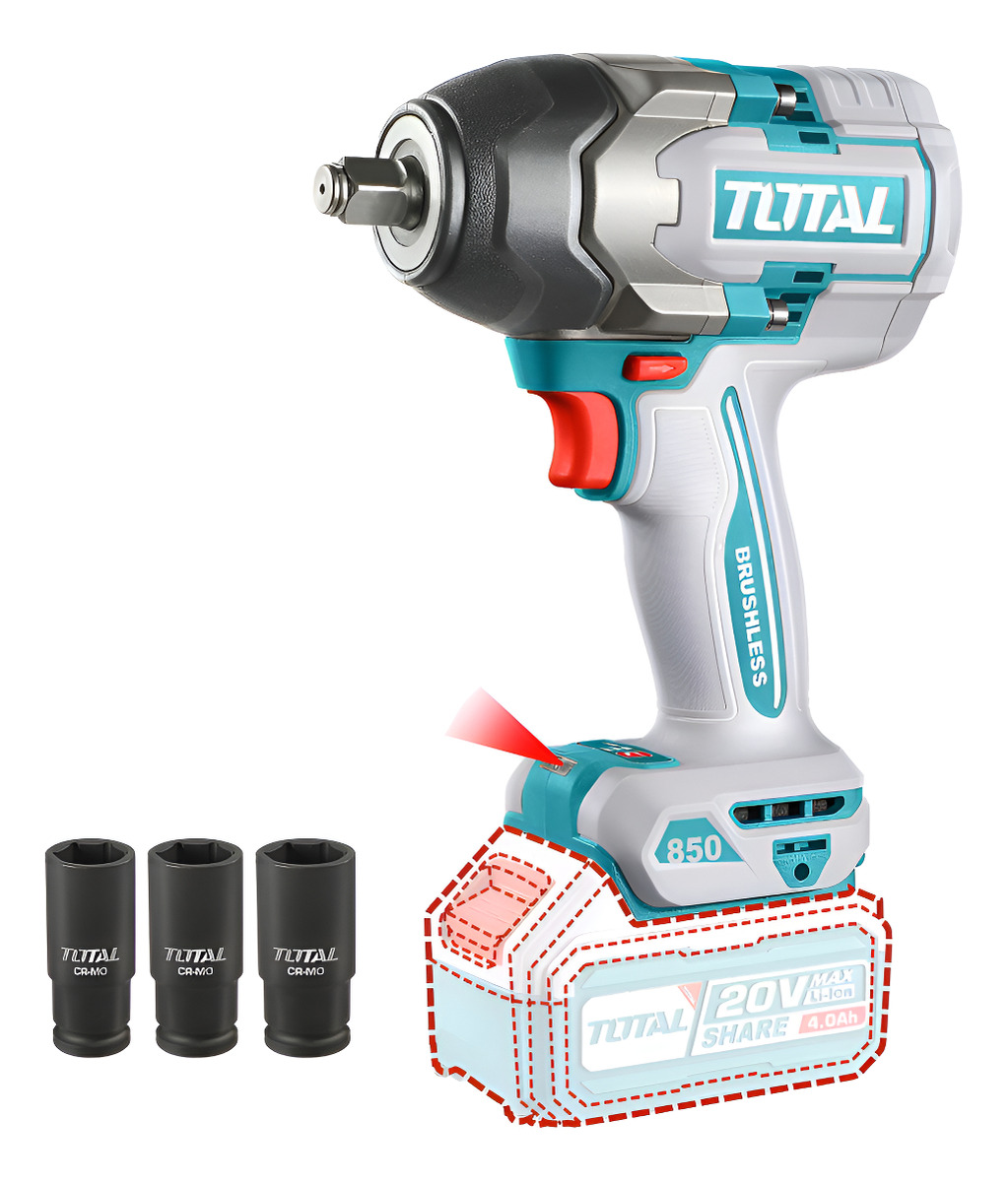Llave Impacto Total 20v 1/2'' 850nm Sin Carbones Sin Batería