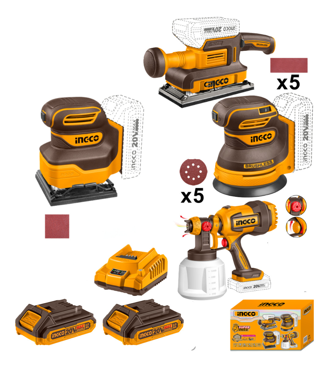 Kit Set Combo A Batería 20v Lijadoras Pistola Pintura Ingco - Imagen 3