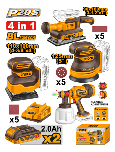 Kit Set Combo A Batería 20v Lijadoras Pistola Pintura Ingco - Imagen 2