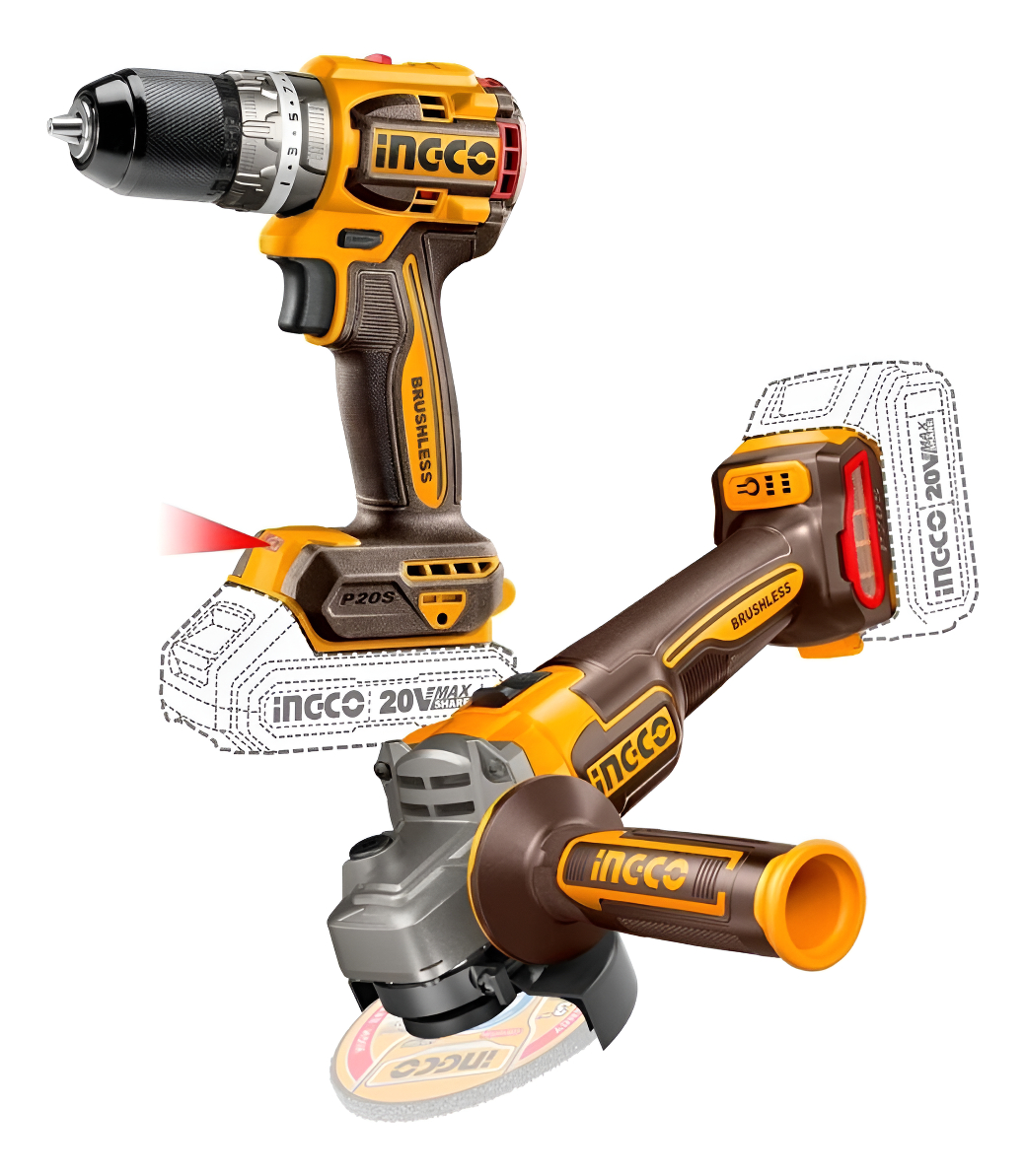 Kit Atornillador + Amoladora Sin Carbones Con Bateria Ingco