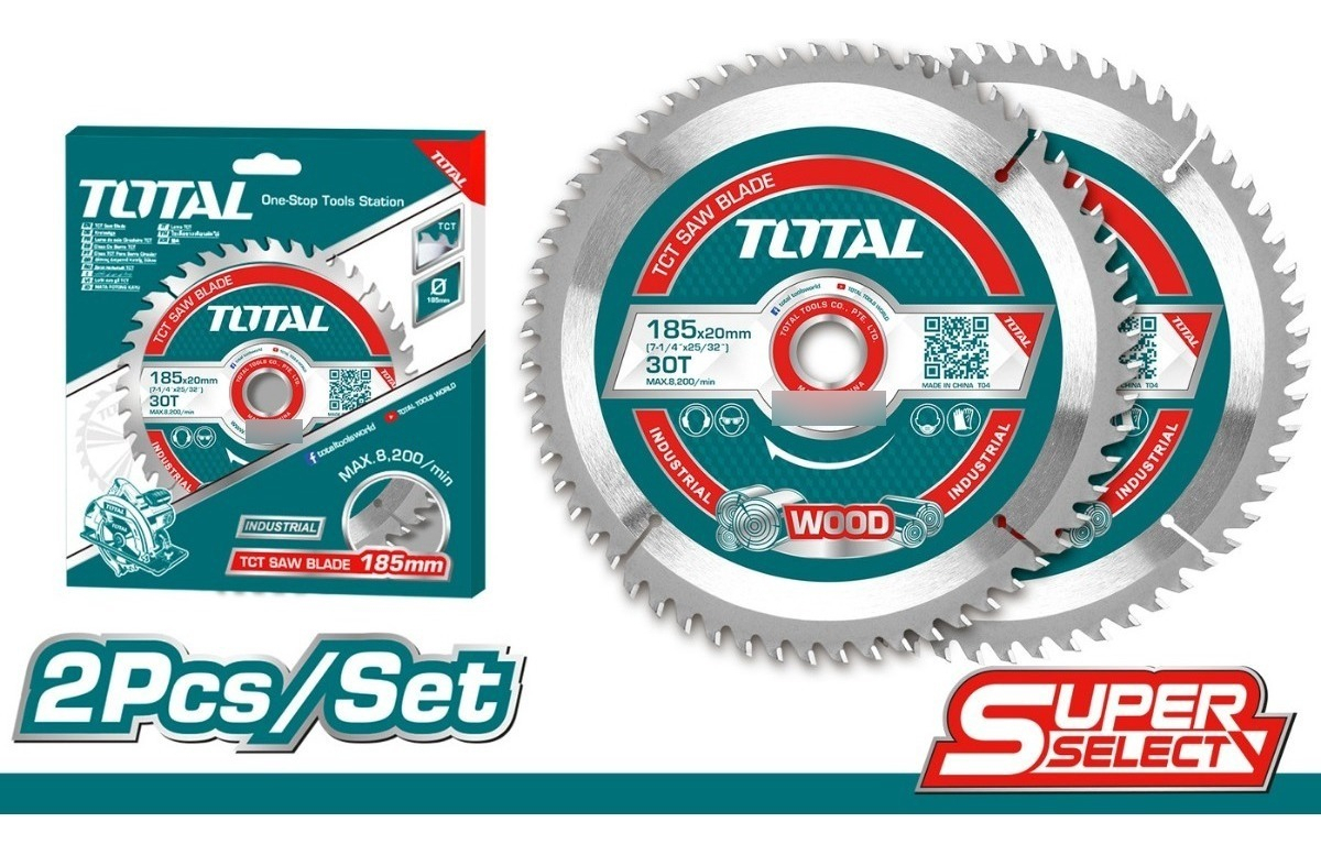 Set De 2 Discos Corte Madera Total Para Sierra Circular, 7.1/4'' 185mm, Eje 20mm, 30 Dientes - Tac231410 - Imagen 3