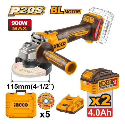 Amoladora Angular 115mm 4 1/2 20v + Accesorios Ingco - Imagen 2