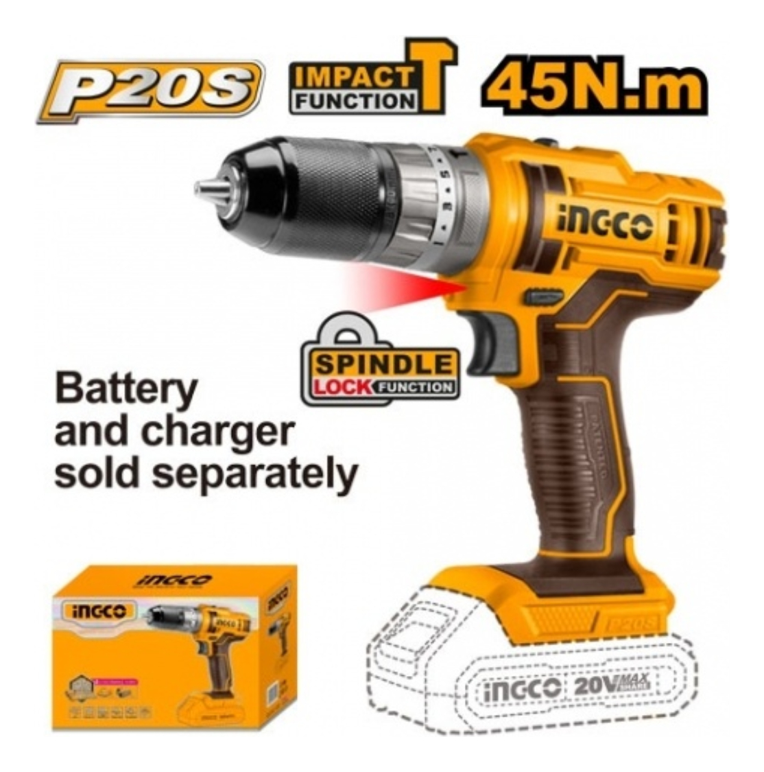 Atornillador Percutor A Bateria 20v 45nm S/bat S/carg Ingco - Imagen 3