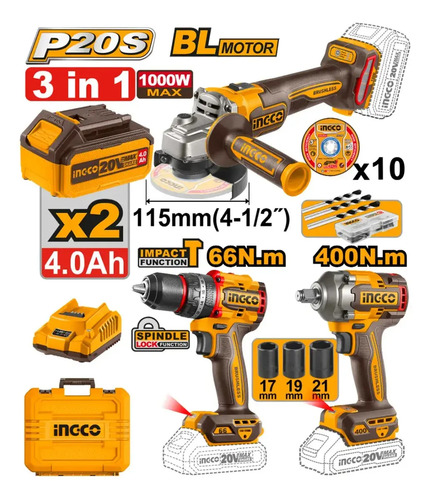 Ingco Cosli241291 Kit Combo Bateria Amoladora Taladro Llave - Imagen 2