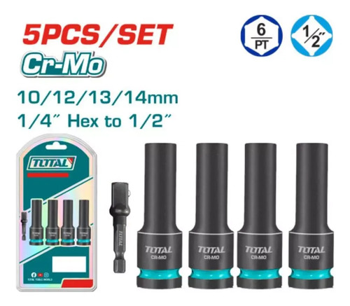 Set 4 Dados De Impacto Total 1/2 10/12/13/14mm Y Adaptador - Imagen 2