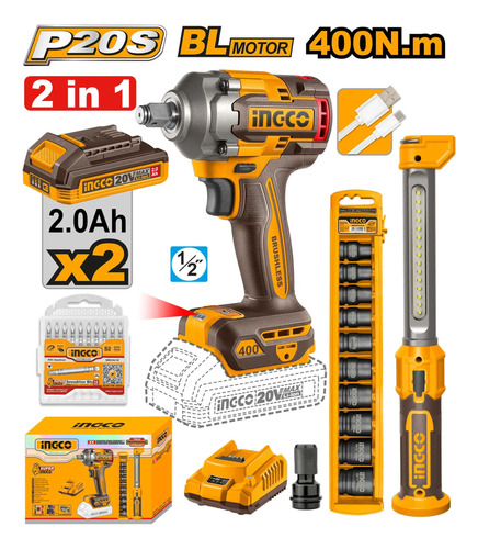 Kit Llave Impacto 20v + Linterna Rec + Dad Cosli23011 Ingco - Imagen 2