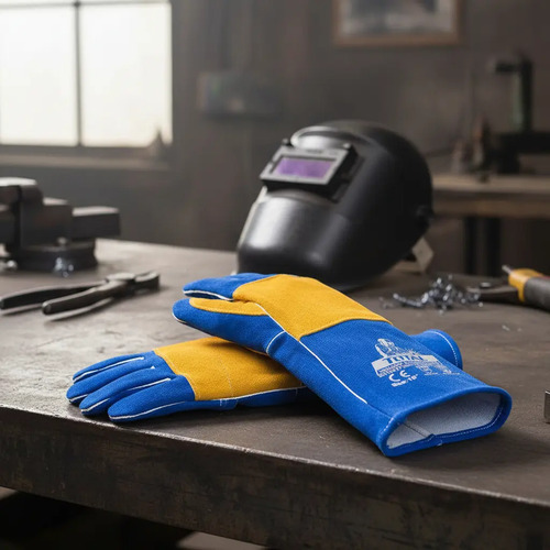 Guantes Largos Cuero Soldador Total 350° 40.5cm Largo Azul - Imagen 3