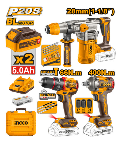 Kit Rotomartillo + Llave De Impacto + Taladro 20v Ingco - Imagen 2