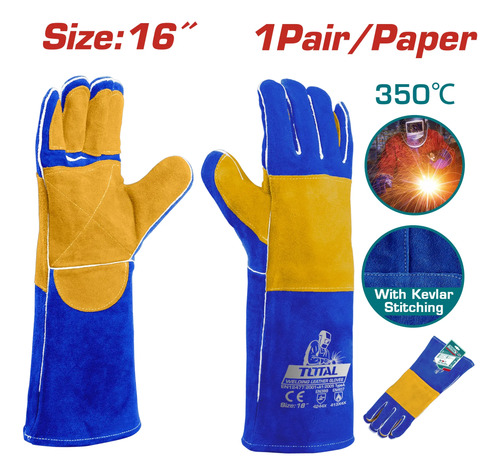 Guantes Largos Cuero Soldador Total 350° 40.5cm Largo Azul - Imagen 2